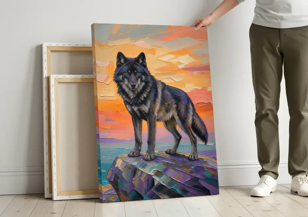 Black Wolf Painting on Granite at Sunset canvas wall art leaning against a wall next to blank canvases