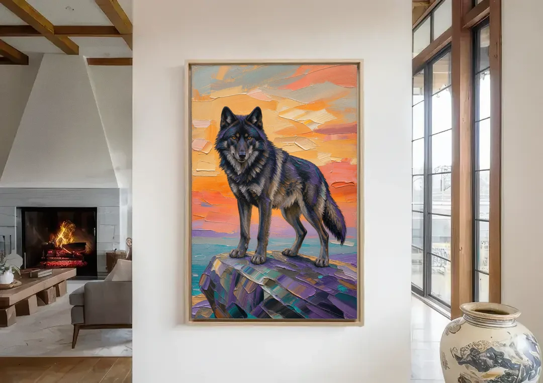 Black Wolf Painting on Granite at Sunset canvas wall art in a living room with a fireplace