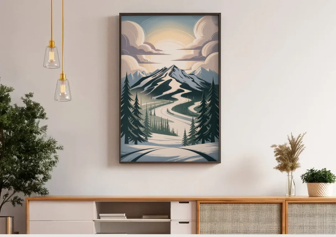 Blackcomb Mountain View canvas wall art above a wooden sideboard under pendant lights