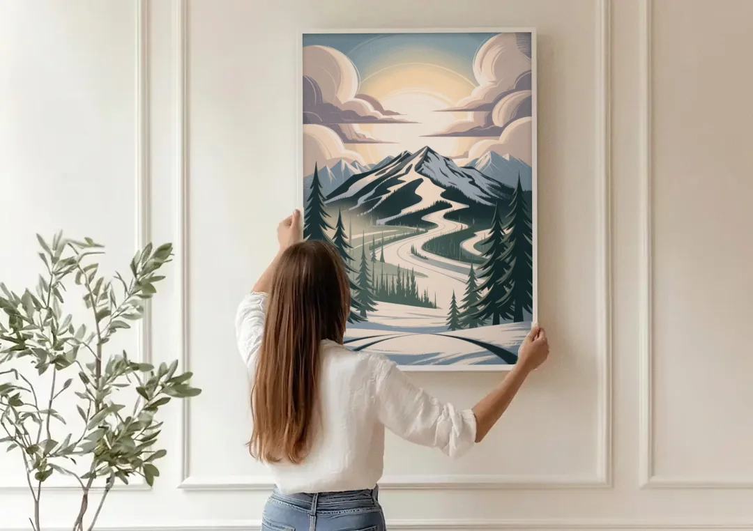 Blackcomb Mountain View canvas wall art being hung on a paneled wall