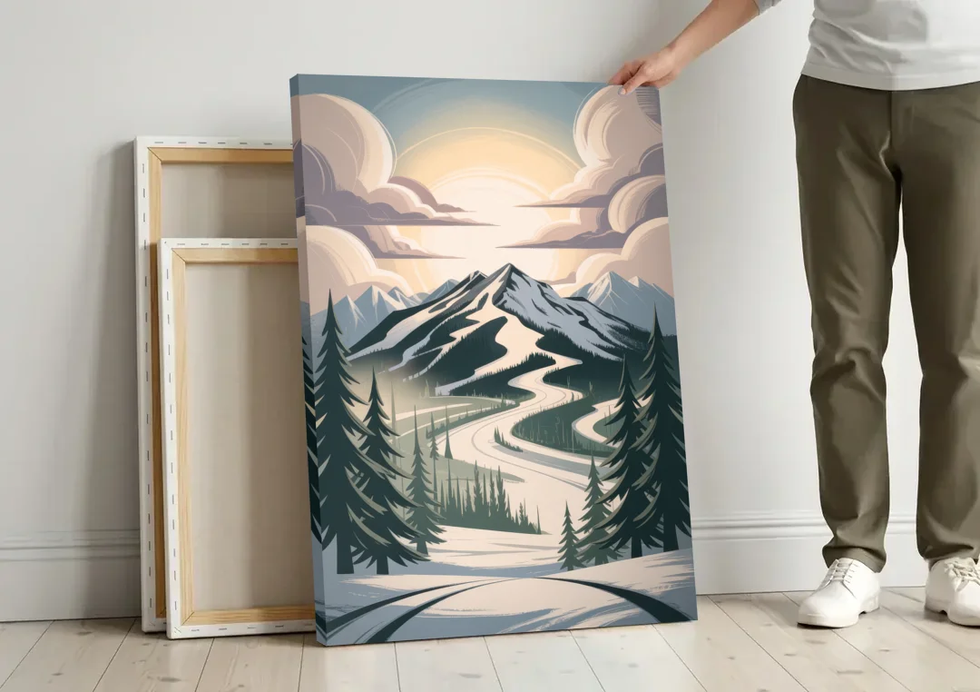 Blackcomb Mountain View canvas wall art leaning against a wall next to blank canvases