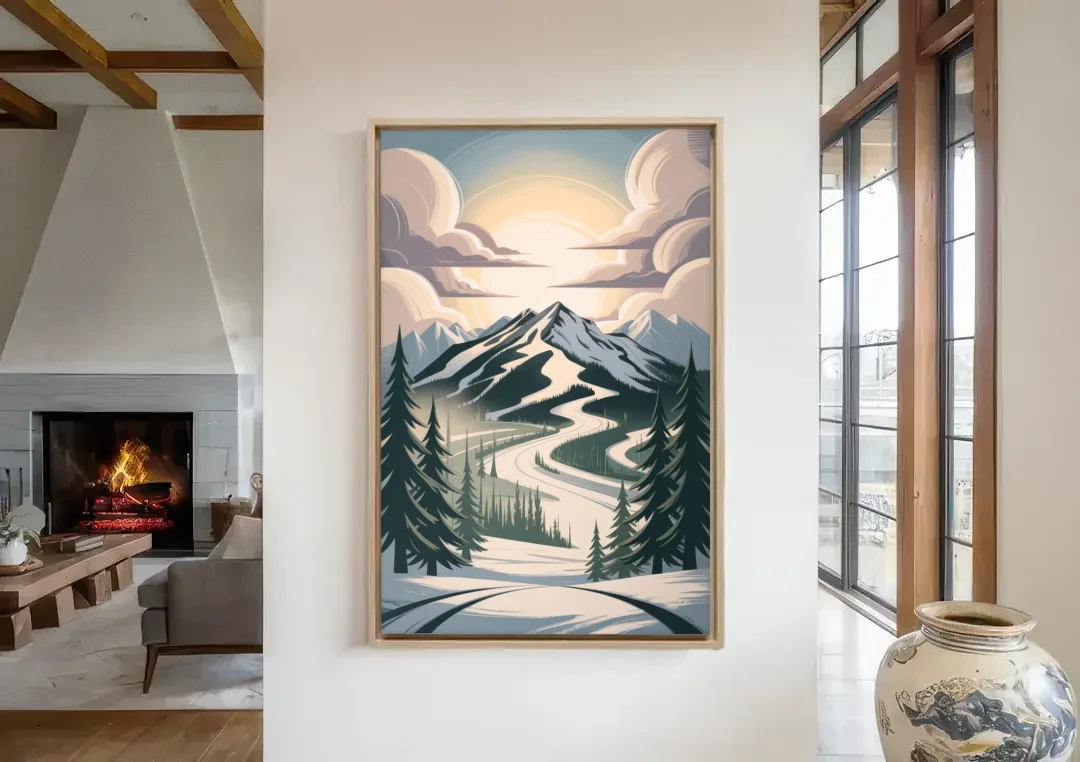 Blackcomb Mountain View canvas wall art in a living room with a fireplace
