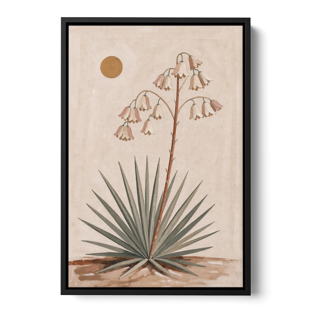 Blooming Yucca Stalk with Cream Bells - Black Framed Canvas Wall Art - Front