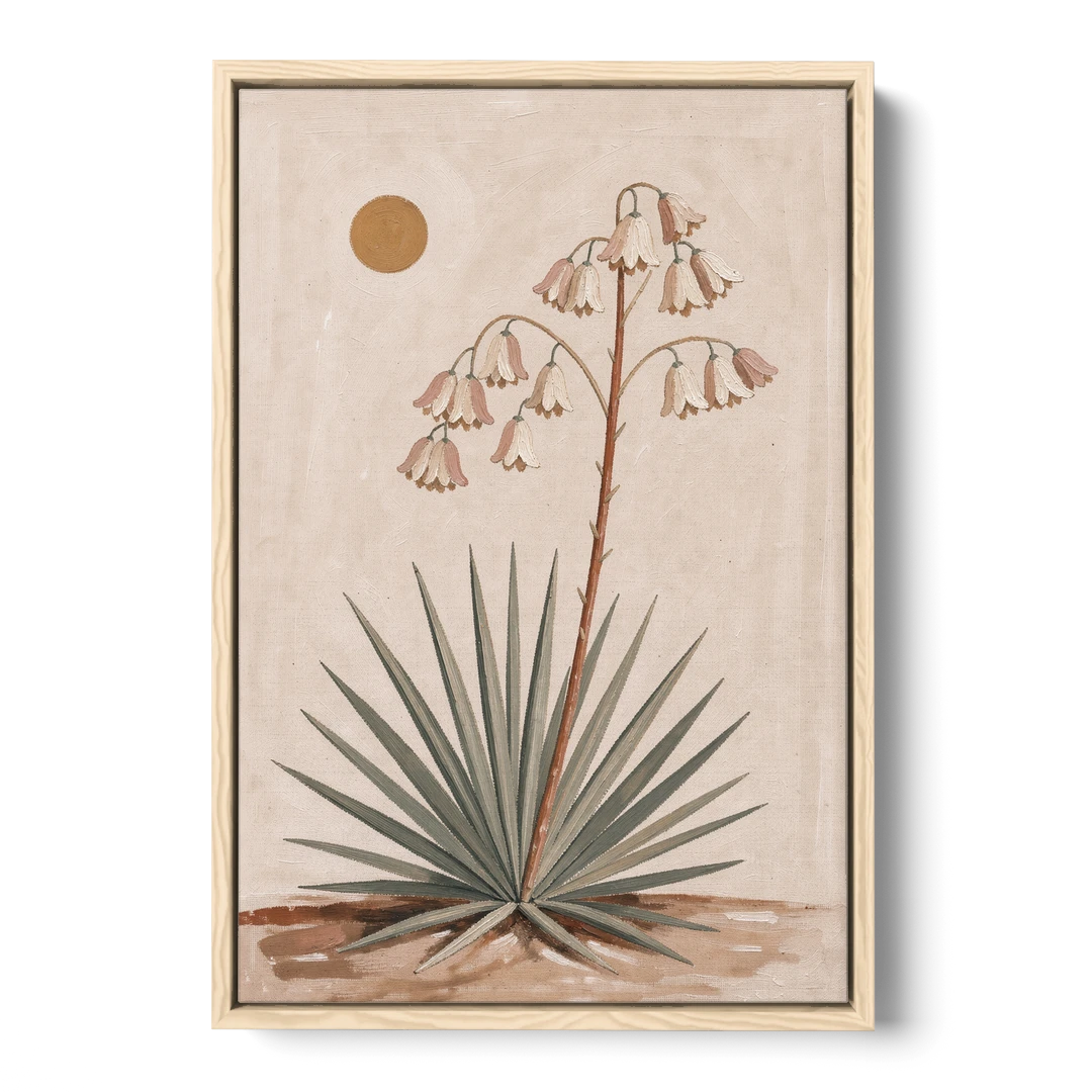 Blooming Yucca Stalk with Cream Bells - Oak Framed Canvas Wall Art - Front