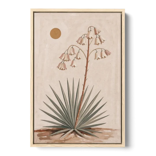 Blooming Yucca Stalk with Cream Bells - Oak Framed Canvas Wall Art - Front