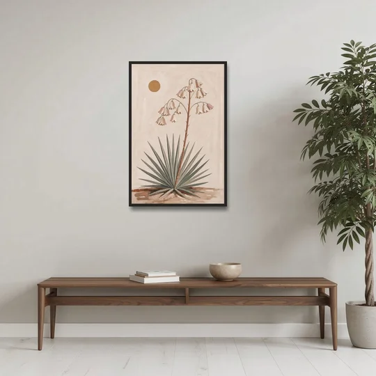 Blooming Yucca Stalk with Cream Bells - Black Framed Canvas Wall Art - Coffee Table - 24x36
