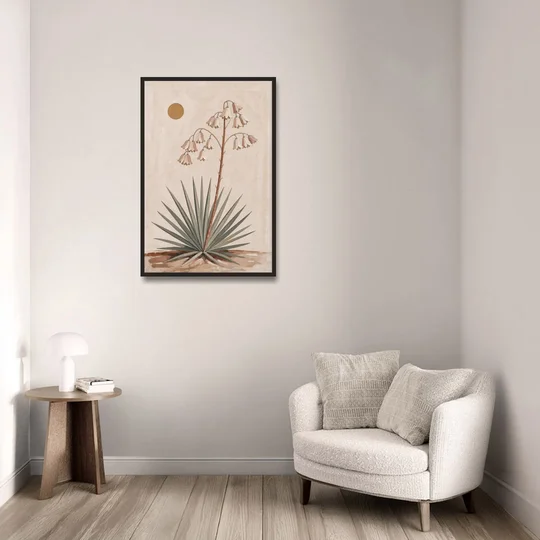 Blooming Yucca Stalk with Cream Bells - Black Framed Canvas Wall Art - Sofa - 24x36