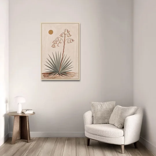 Blooming Yucca Stalk with Cream Bells - Oak Framed Canvas Wall Art - Sofa - 24x36