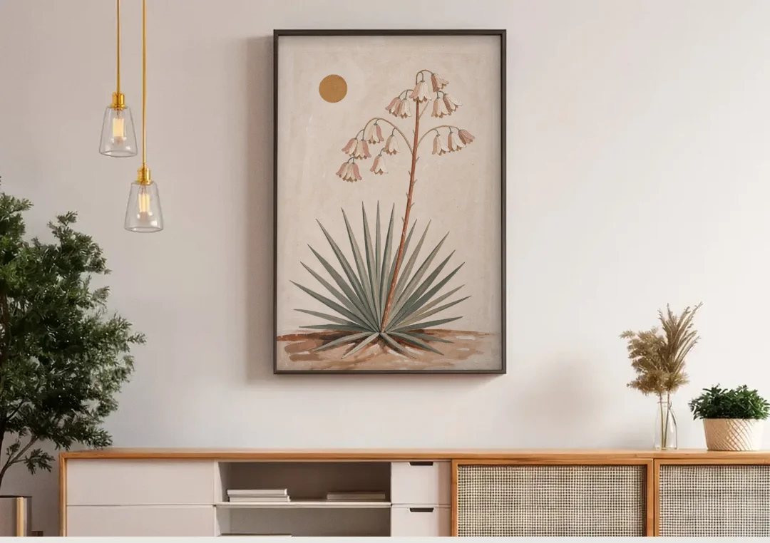 Blooming Yucca Stalk with Cream Bells canvas wall art above a wooden sideboard under pendant lights