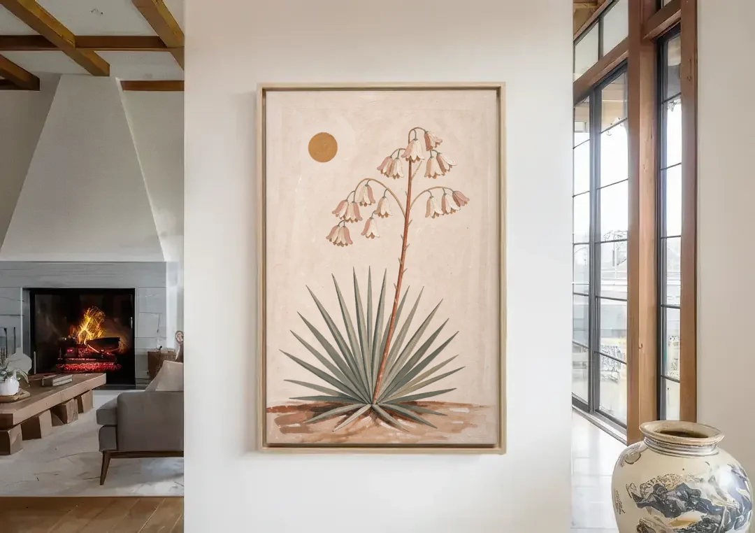 Blooming Yucca Stalk with Cream Bells canvas wall art in a living room with a fireplace