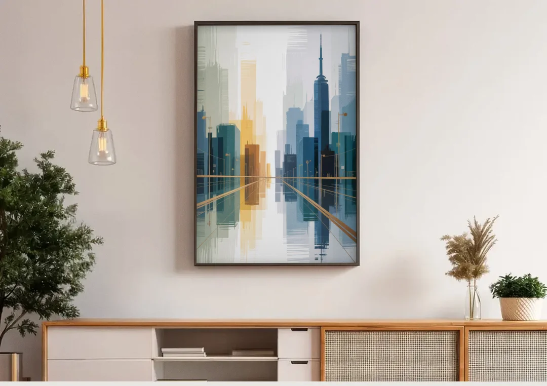 Bloor Street Vibes canvas wall art above a wooden sideboard under pendant lights