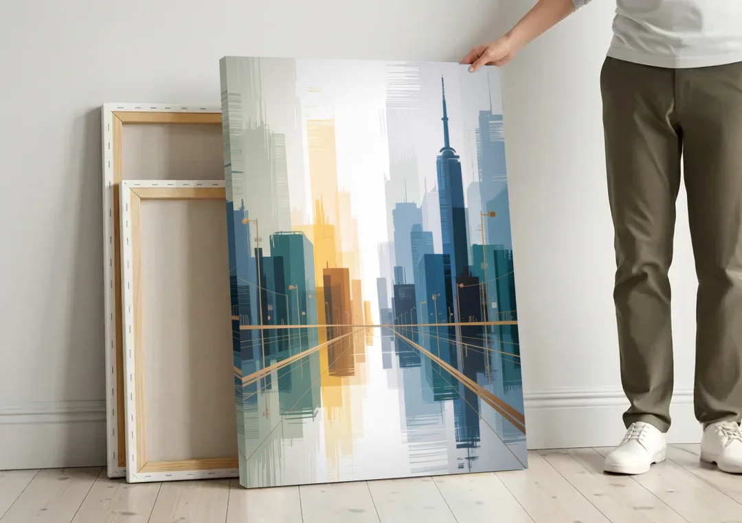 Bloor Street Vibes canvas wall art leaning against a wall next to blank canvases