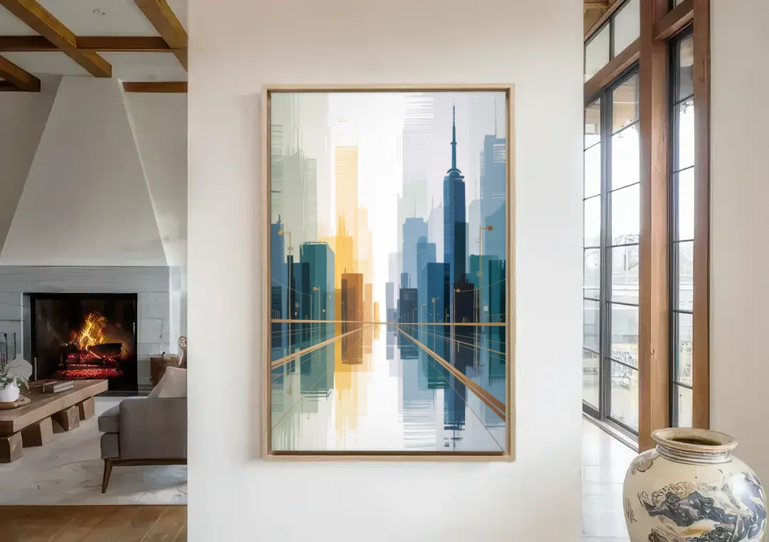 Bloor Street Vibes canvas wall art in a living room with a fireplace