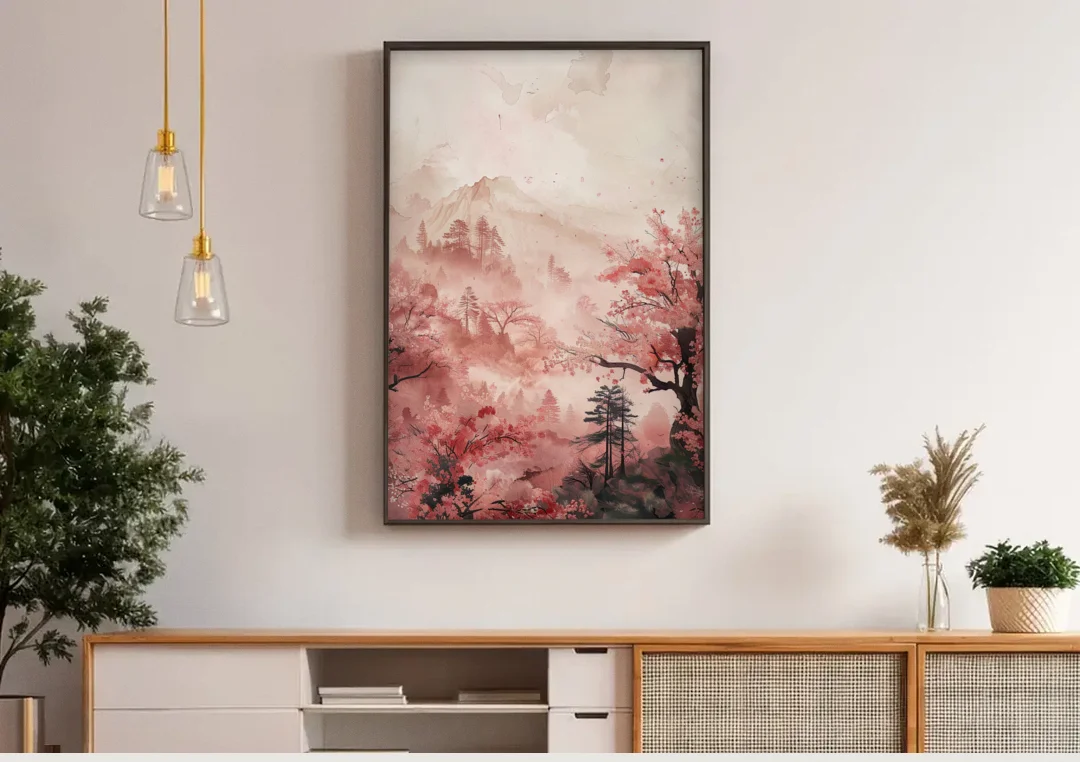 Blossoms in Still Air canvas wall art above a wooden sideboard under pendant lights