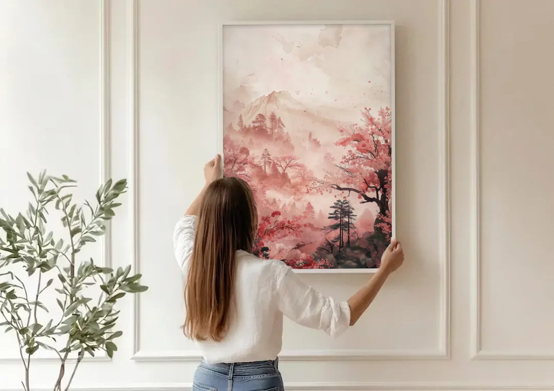Blossoms in Still Air canvas wall art being hung on a paneled wall