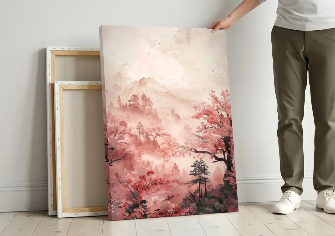 Blossoms in Still Air canvas wall art leaning against a wall next to blank canvases