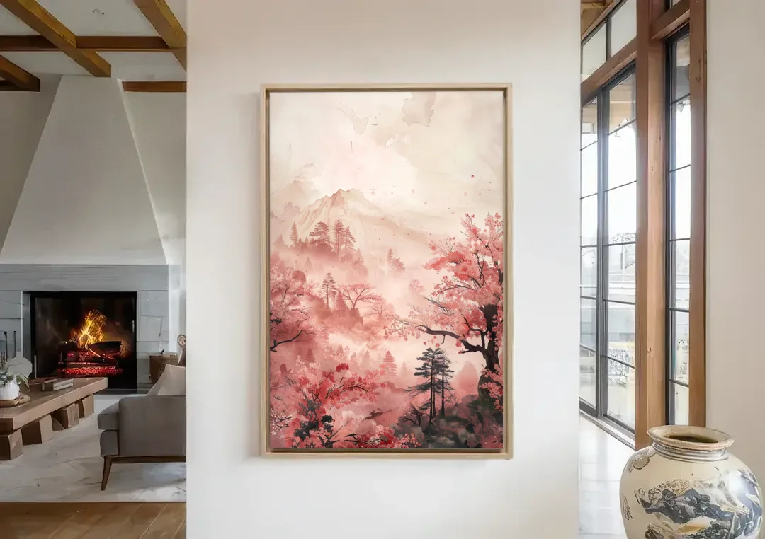 Blossoms in Still Air canvas wall art in a living room with a fireplace