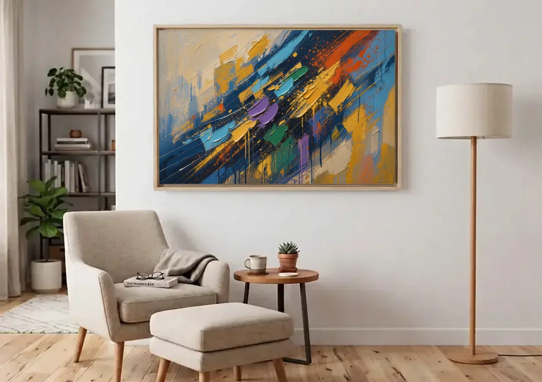 Blue Abstract Jewel Splatter Sweep canvas wall art above an armchair in a bright living room