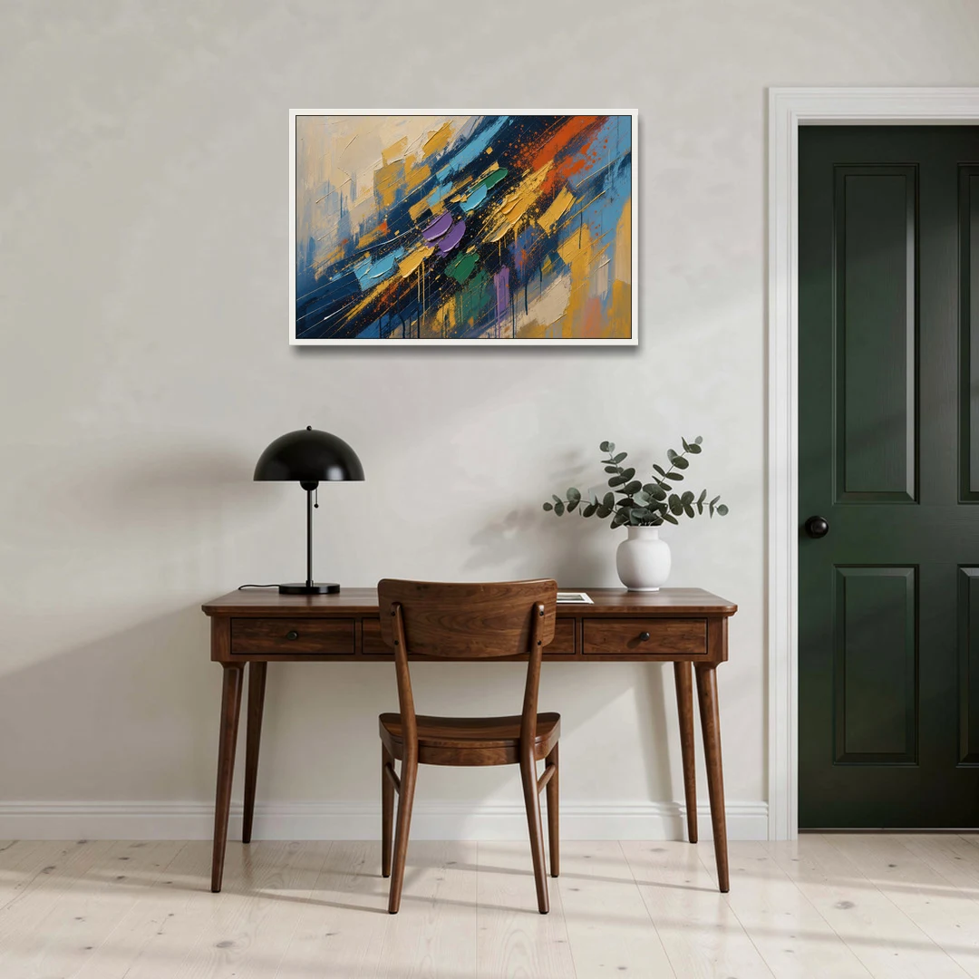 Blue Abstract Jewel Splatter Sweep - White Framed Canvas Wall Art - Office - 36x24