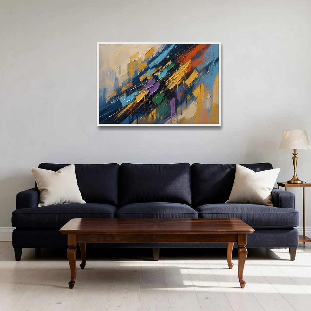 Blue Abstract Jewel Splatter Sweep - White Framed Canvas Wall Art - Sofa - 36x24