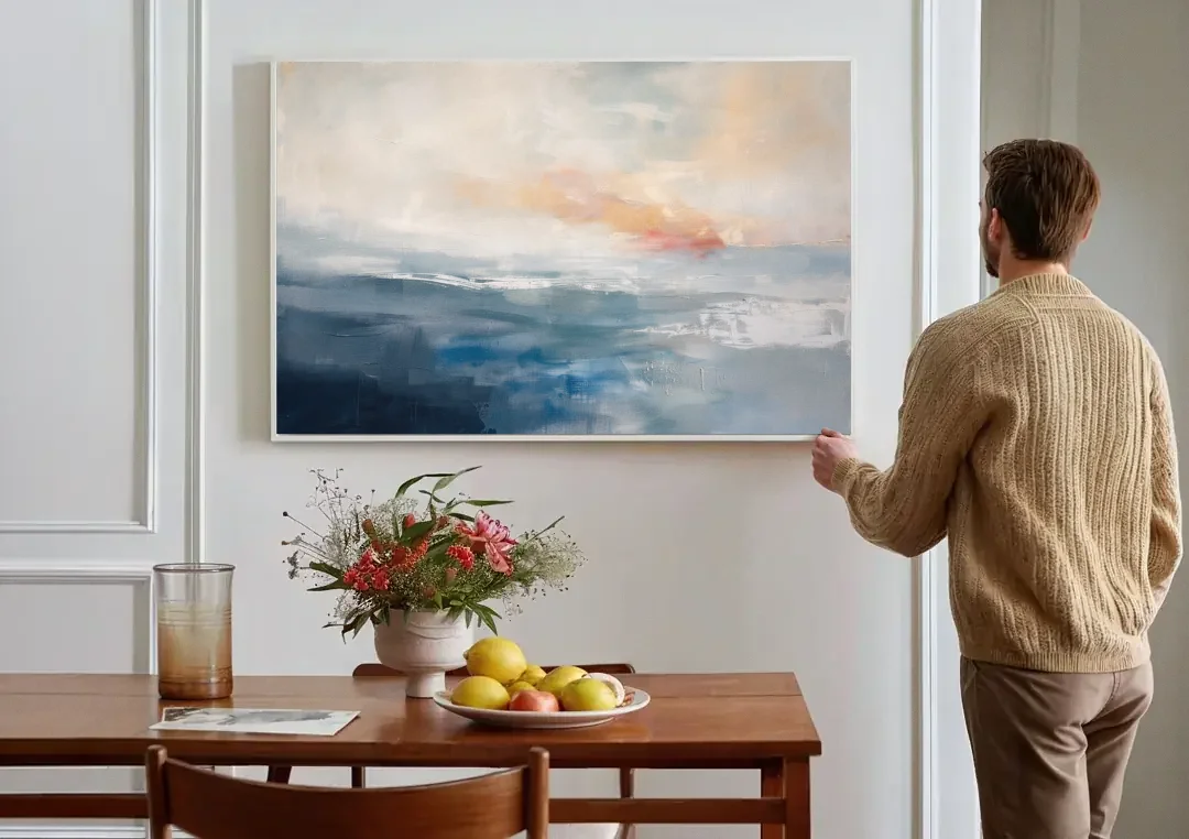 Blue Abstract Painting of a Misty Dawn Horizon canvas wall art above a dining table