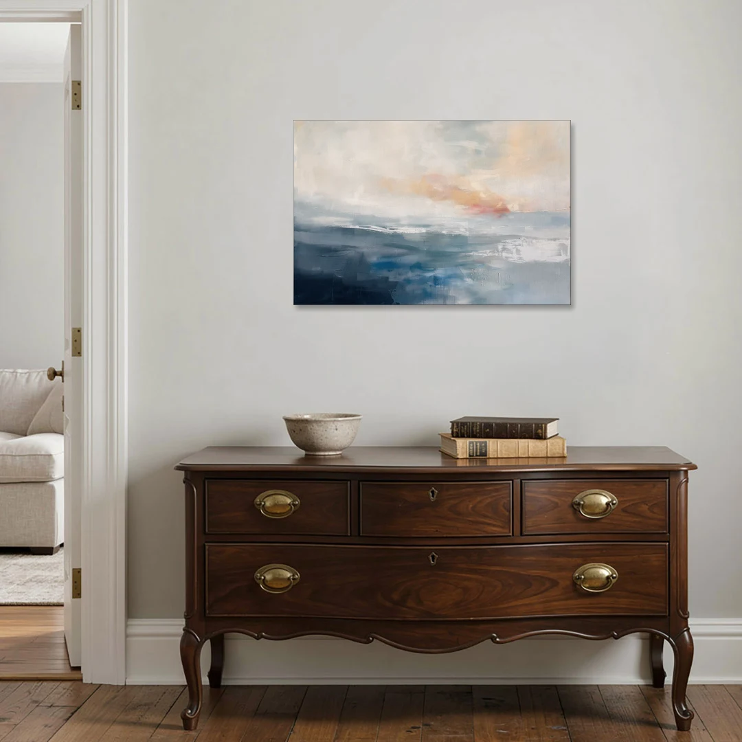 Blue Abstract Painting of a Misty Dawn Horizon - Canvas Wall Art - Coffee Table - 36x24
