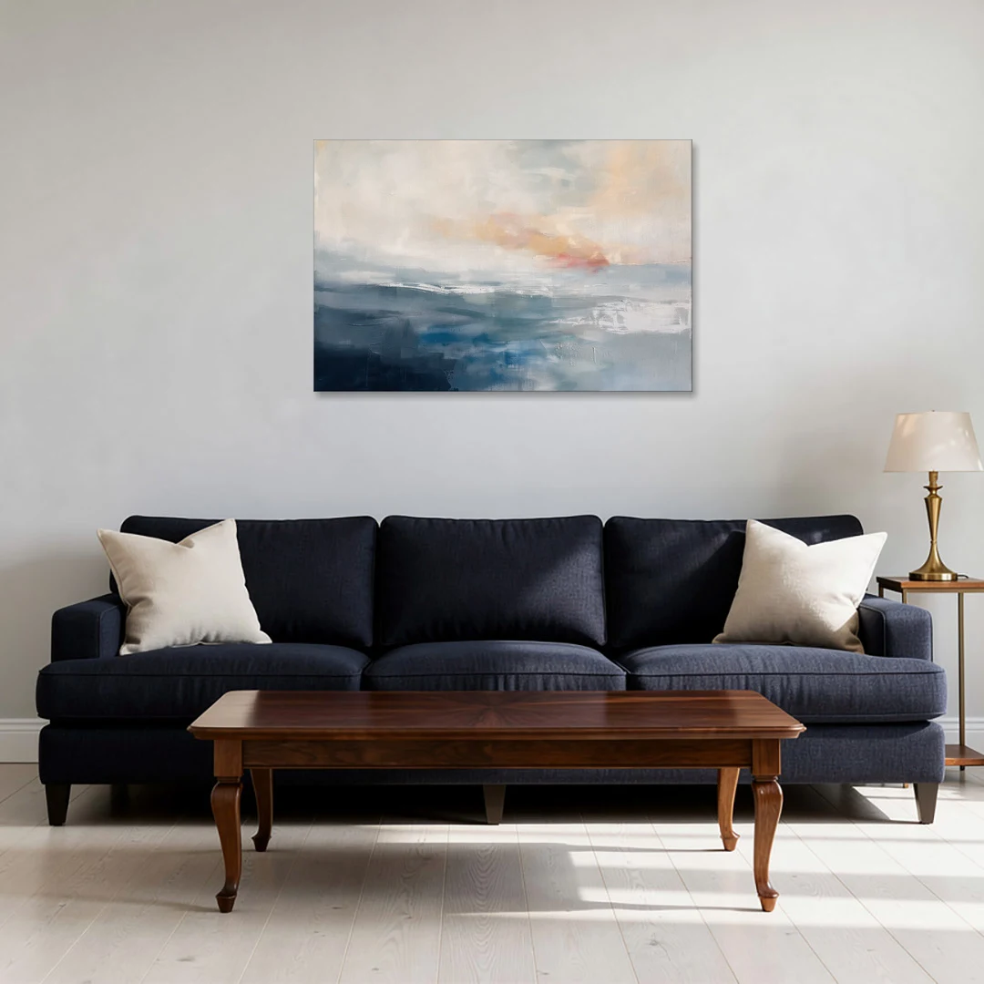 Blue Abstract Painting of a Misty Dawn Horizon - Canvas Wall Art - Sofa - 36x24