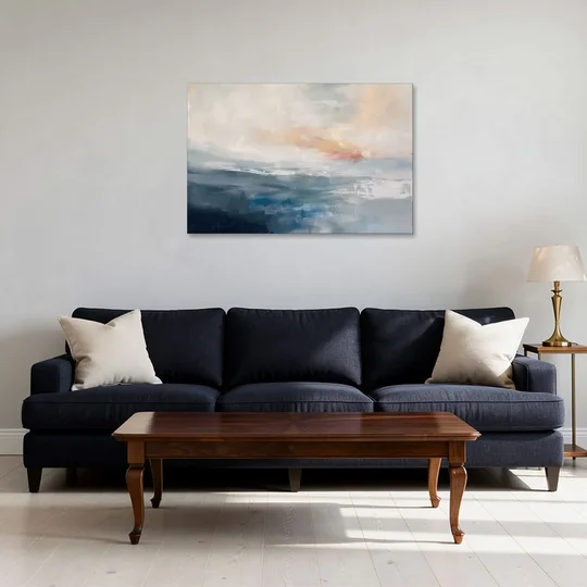 Blue Abstract Painting of a Misty Dawn Horizon - Canvas Wall Art - Sofa - 36x24