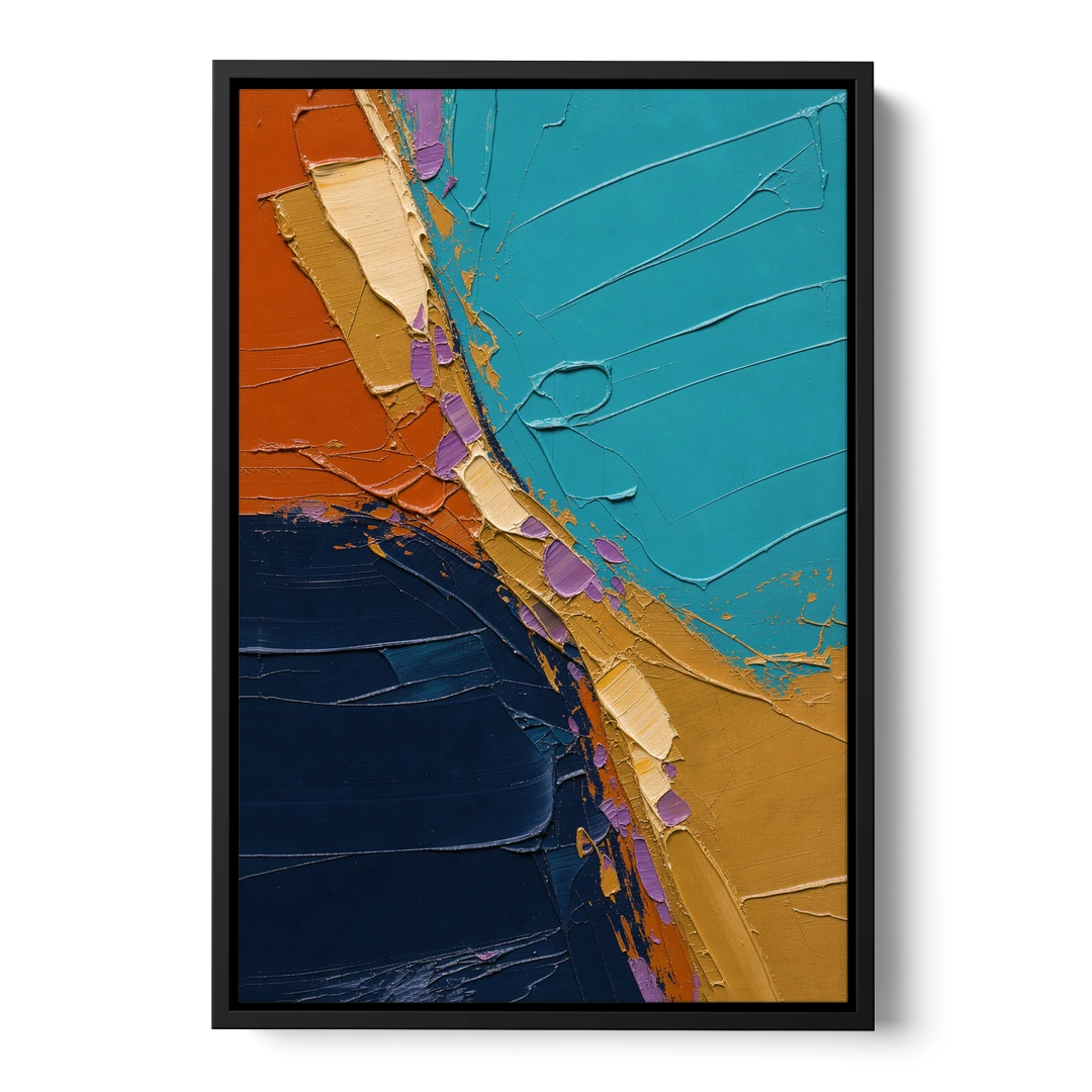 Blue and Orange Abstract Painting with Violet Chips - Black Framed Canvas Wall Art - Front