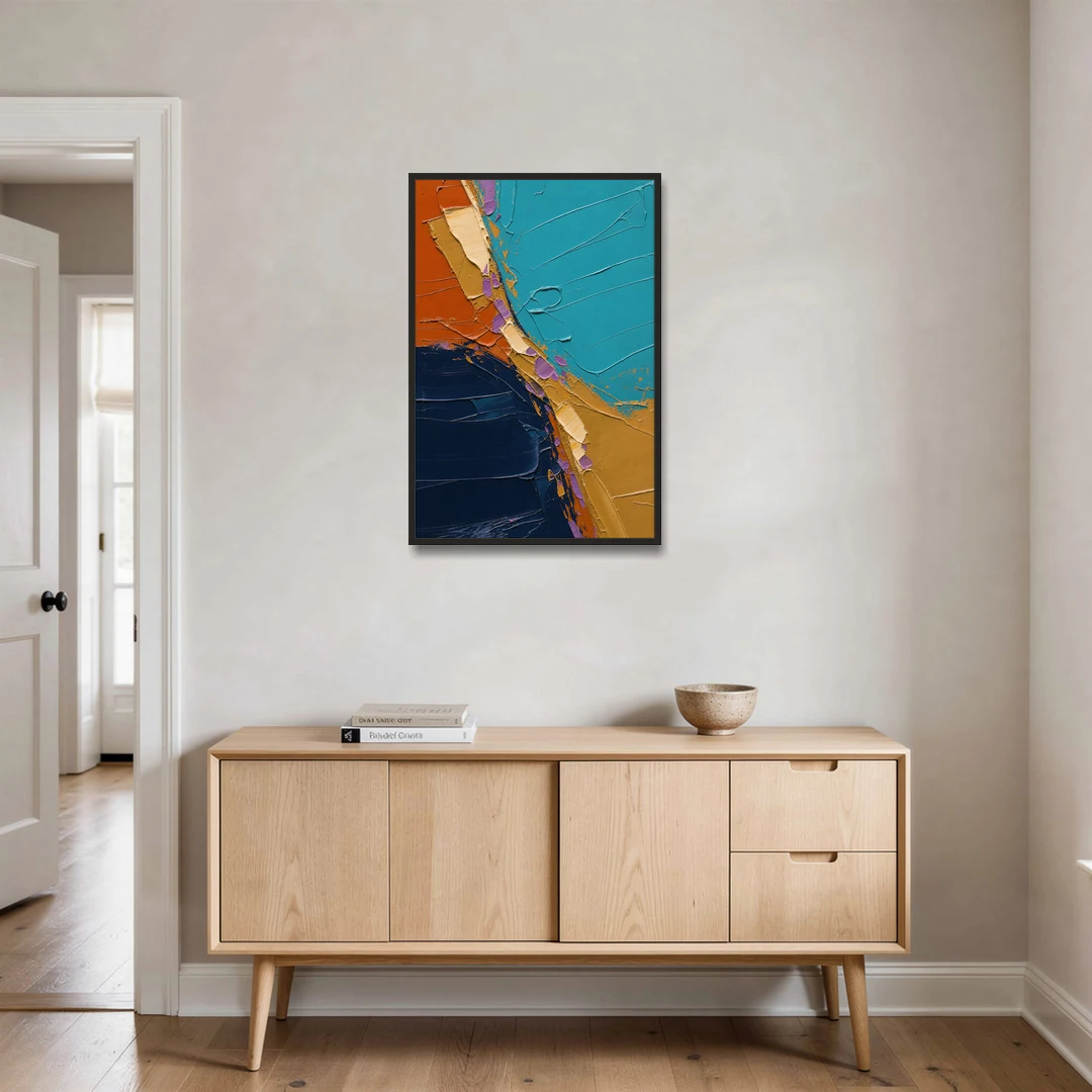 Blue and Orange Abstract Painting with Violet Chips - Black Framed Canvas Wall Art - Coffee Table - 24x36