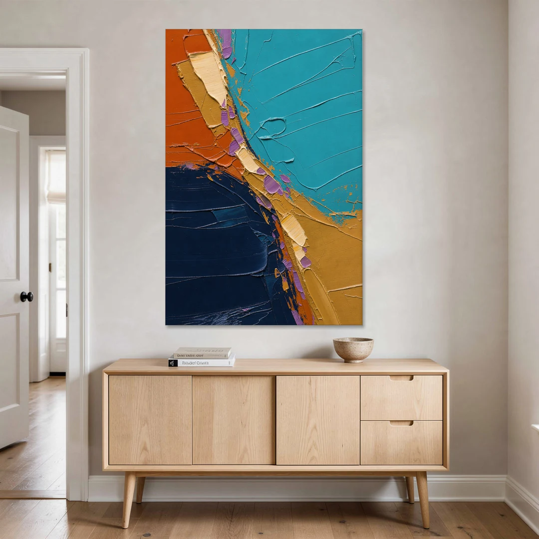 Blue and Orange Abstract Painting with Violet Chips - Canvas Wall Art - Coffee Table - 40x60