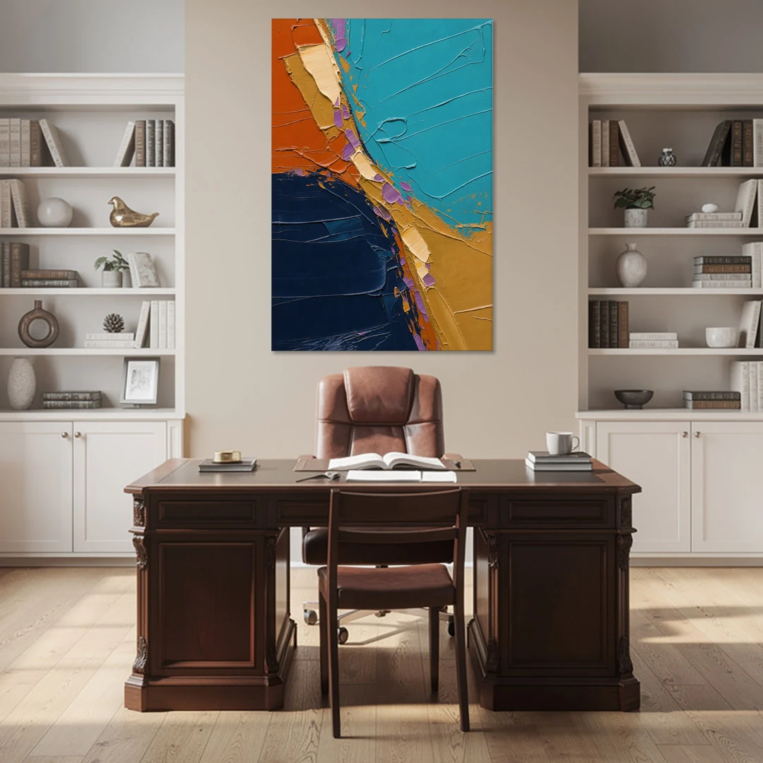 Blue and Orange Abstract Painting with Violet Chips - Canvas Wall Art - Office - 40x60