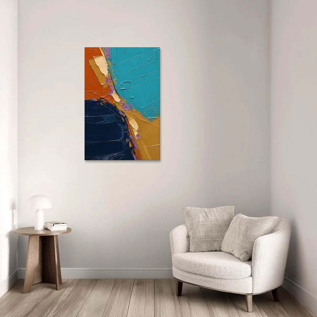 Blue and Orange Abstract Painting with Violet Chips - Canvas Wall Art - Sofa - 24x36