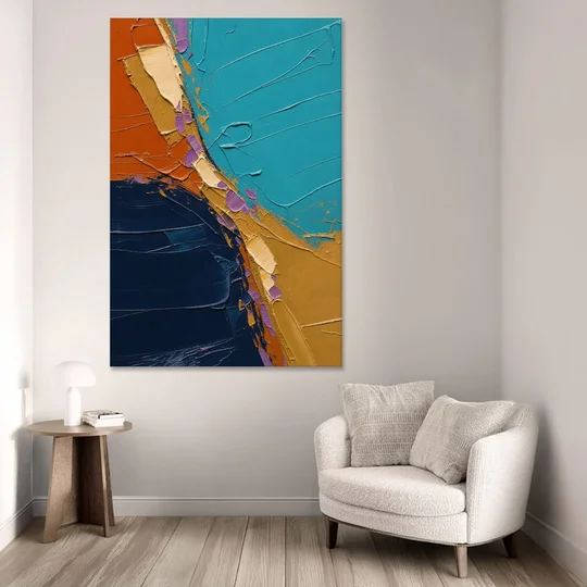 Blue and Orange Abstract Painting with Violet Chips - Canvas Wall Art - Sofa - 40x60