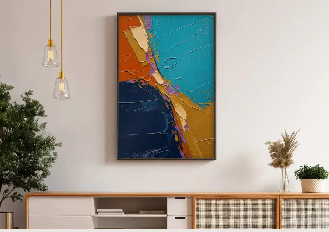 Blue and Orange Abstract Painting with Violet Chips canvas wall art above a wooden sideboard under pendant lights