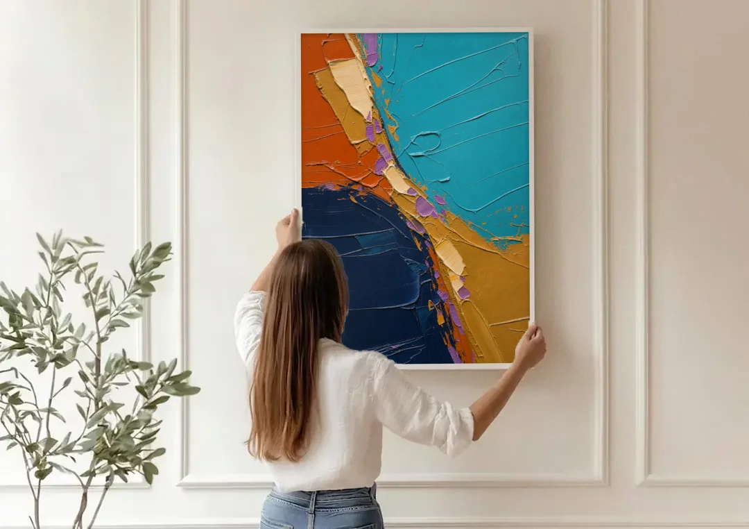 Blue and Orange Abstract Painting with Violet Chips canvas wall art being hung on a paneled wall