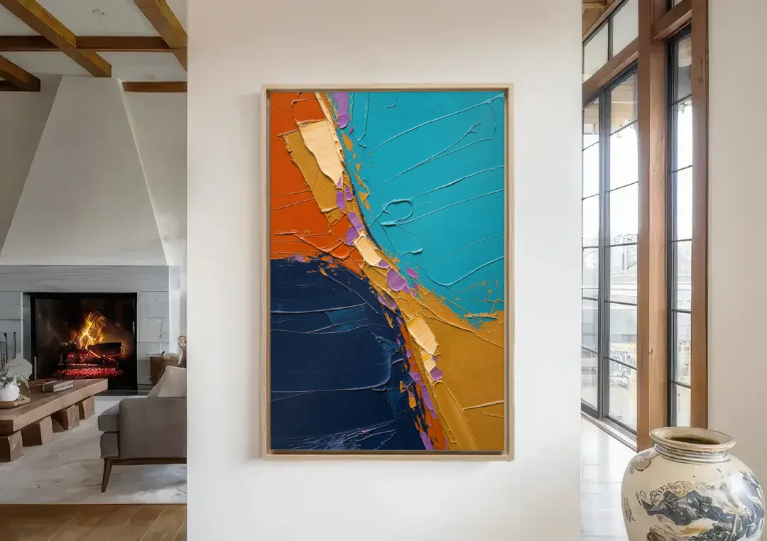 Blue and Orange Abstract Painting with Violet Chips canvas wall art in a living room with a fireplace