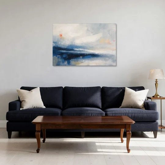 Blue and White Abstract Painting of Tidal Mist - Canvas Wall Art - Sofa - 36x24