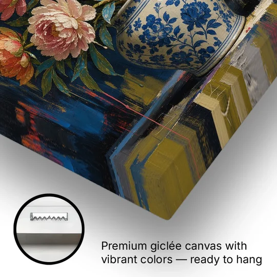 Blue and White Vase Painting With Peonies and Butterflies - Canvas Wall Art - Gallery Wrap Corner