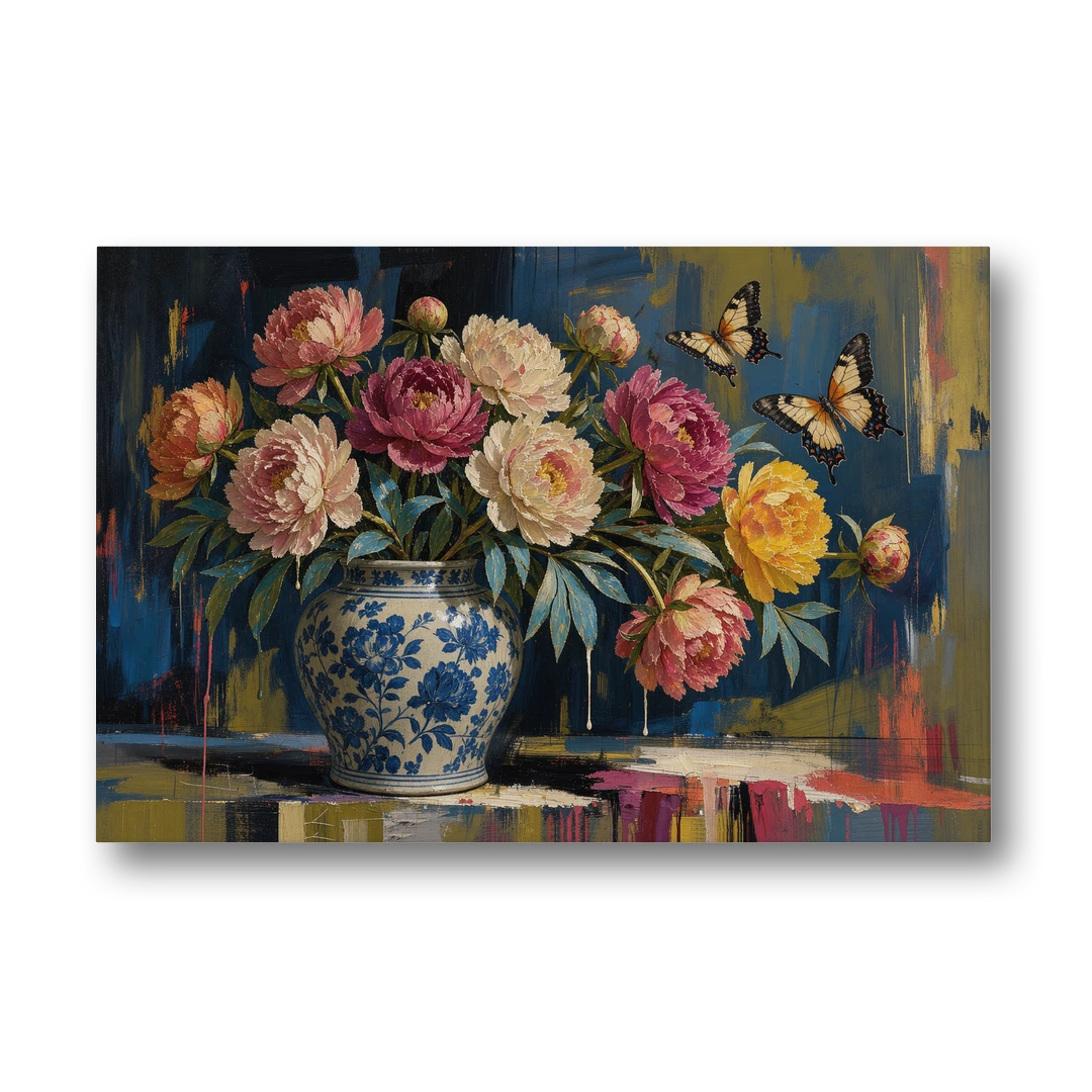 Blue and White Vase Painting With Peonies and Butterflies - Canvas Wall Art - Front
