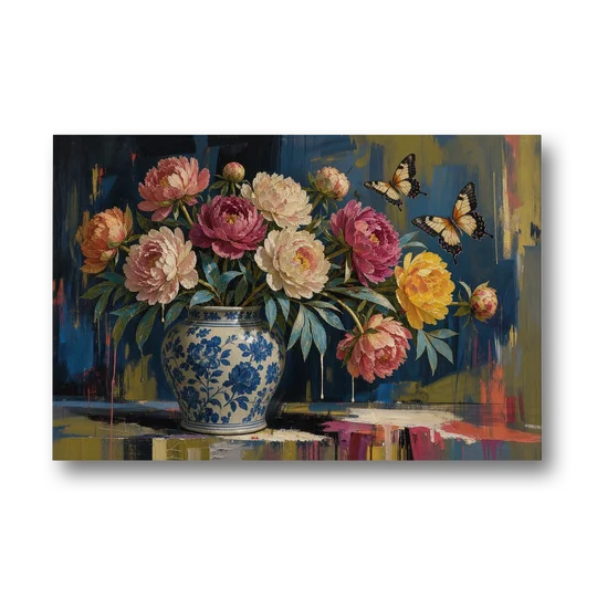 Blue and White Vase Painting With Peonies and Butterflies - Canvas Wall Art - Front