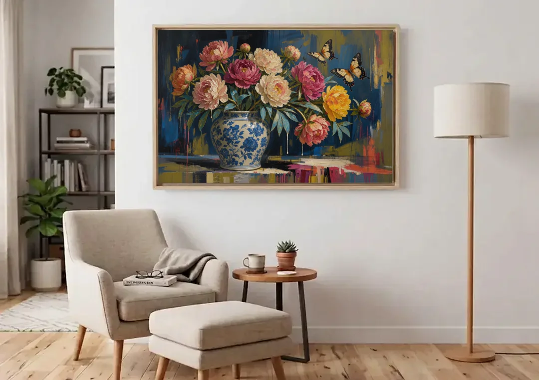 Blue and White Vase Painting With Peonies and Butterflies canvas wall art above an armchair in a bright living room