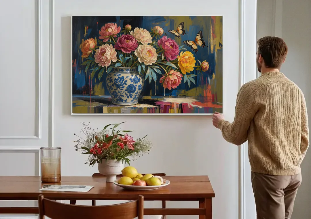 Blue and White Vase Painting With Peonies and Butterflies canvas wall art above a dining table