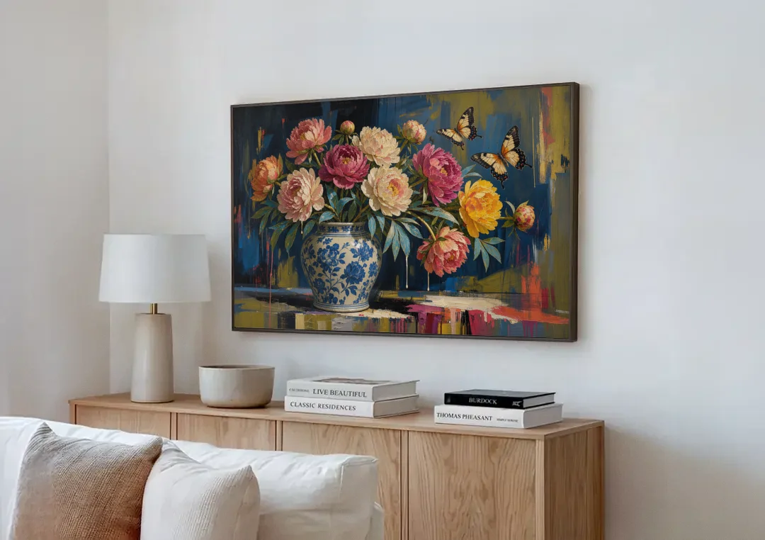 Blue and White Vase Painting With Peonies and Butterflies canvas wall art above a wooden sideboard next to a sofa