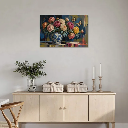 Blue and White Vase Painting With Peonies and Butterflies - Canvas Wall Art - Coffee Table - 36x24