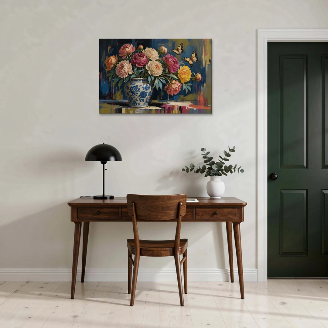 Blue and White Vase Painting With Peonies and Butterflies - Canvas Wall Art - Office - 36x24