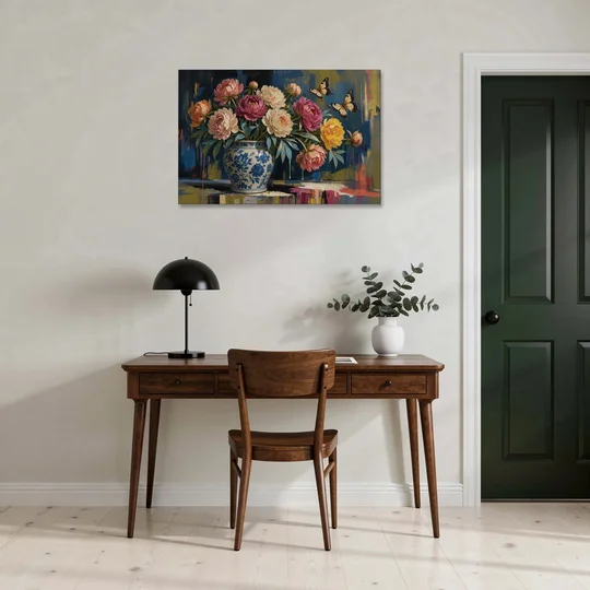 Blue and White Vase Painting With Peonies and Butterflies - Canvas Wall Art - Office - 36x24