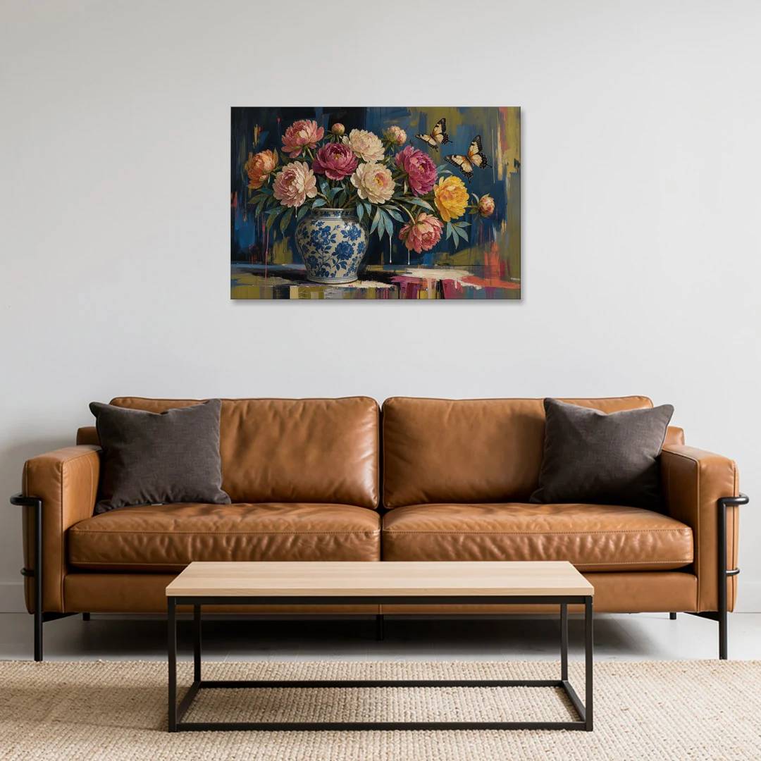 Blue and White Vase Painting With Peonies and Butterflies - Canvas Wall Art - Sofa - 36x24