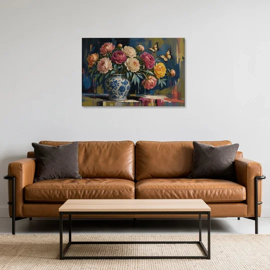Blue and White Vase Painting With Peonies and Butterflies - Canvas Wall Art - Sofa - 36x24