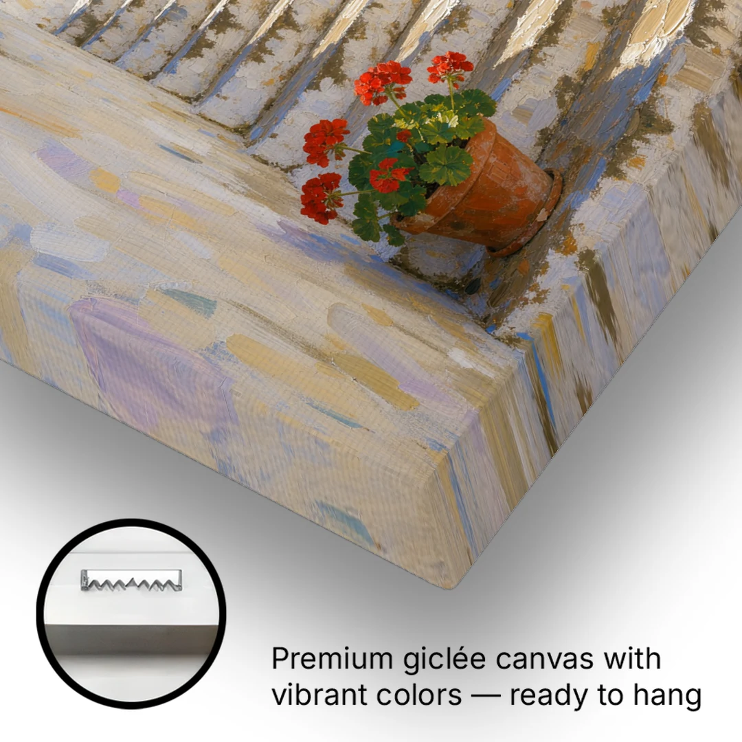 Blue and White Wall Art with Geranium Steps - Canvas Wall Art - Gallery Wrap Corner